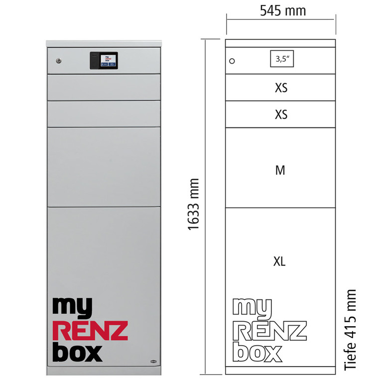 Paketbox weiß mit vier Paketfächern XS, XS, M und XL