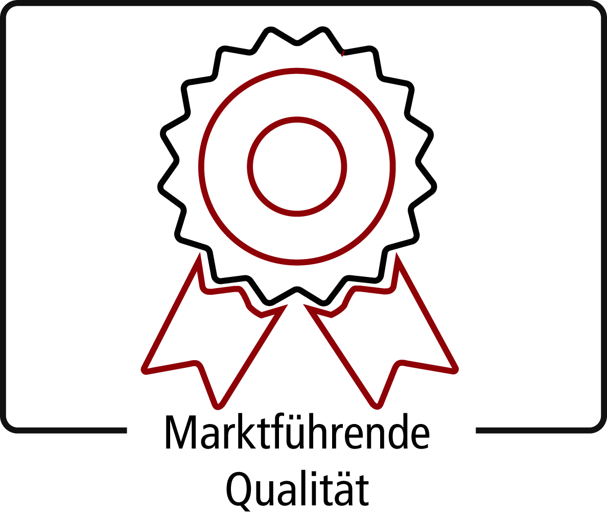 Icon mit einer rot-schwarz abgebildeten Schleife. Darunter der Text Marktführende Qualität 
