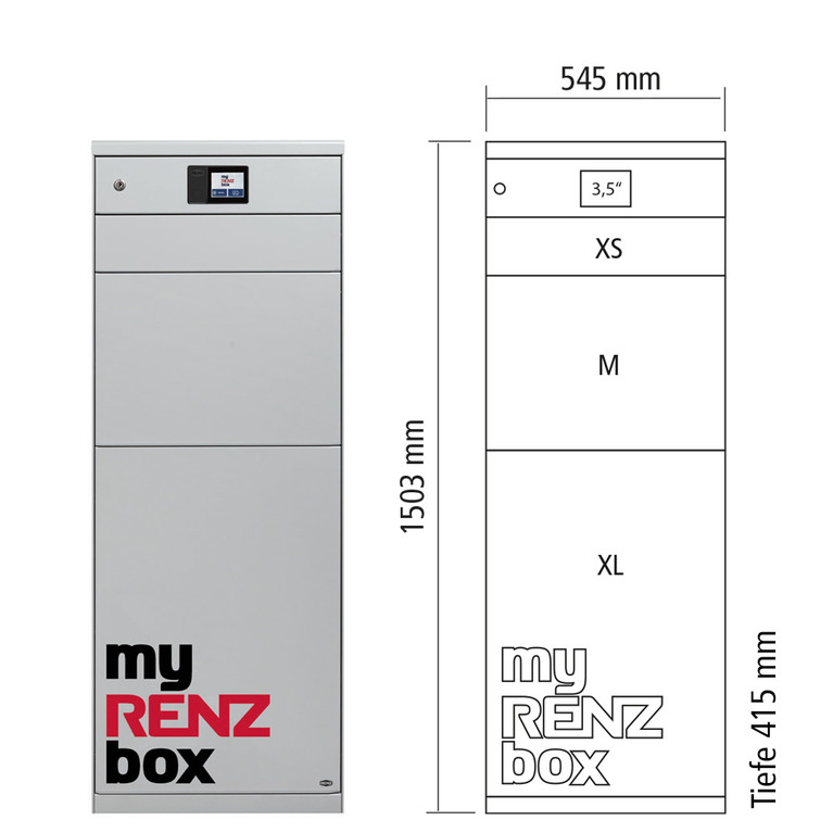 Paketbox weiß mit drei Paketfächern XS, M und XL